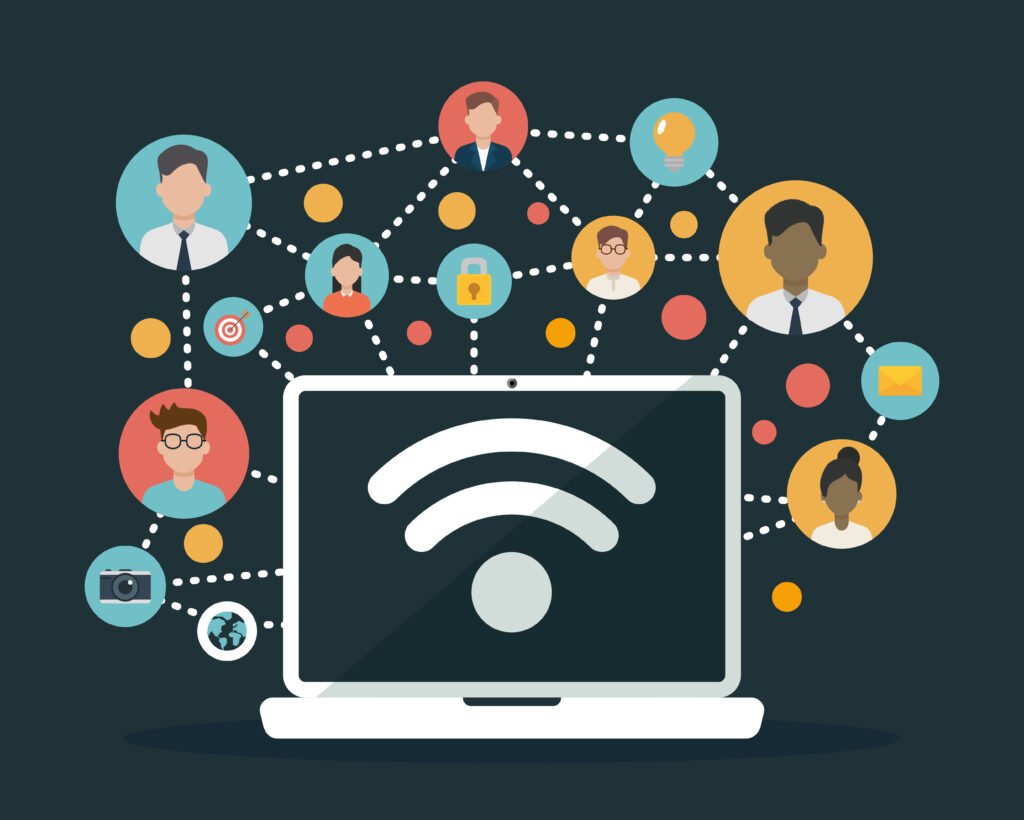 social network media flat design social network media people laptop connection web vector illustration